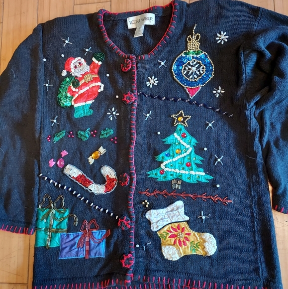 Christmas bling sweater ugly xmas Sweater beads pearls sequins med-large - Picture 1 of 3